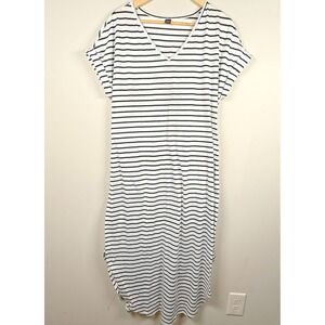 Shein Maxi T-Shirt Dress Cuffed Bat Wing Sleeve Curved Hem V Neck Stripe Women L